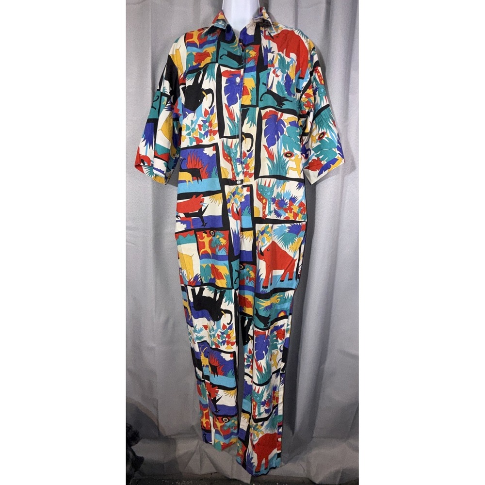 Vtg Krist Gudnason California Safari Animal Print Jumpsuit Bold *Missing Buttons